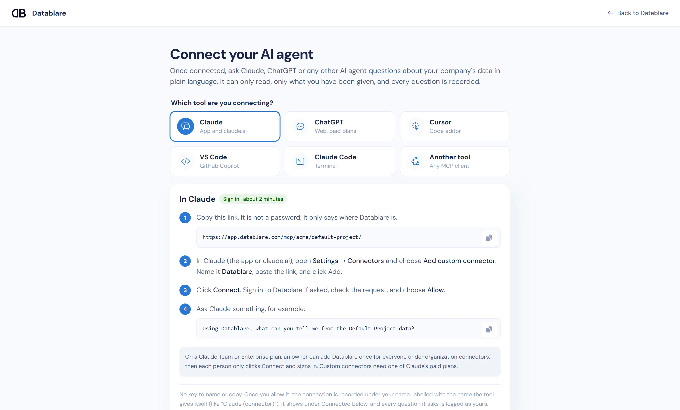 Datablare Connect page listing Claude, ChatGPT, Cursor, VS Code, Claude Code and other MCP clients, with the project’s MCP link and step-by-step sign-in instructions.